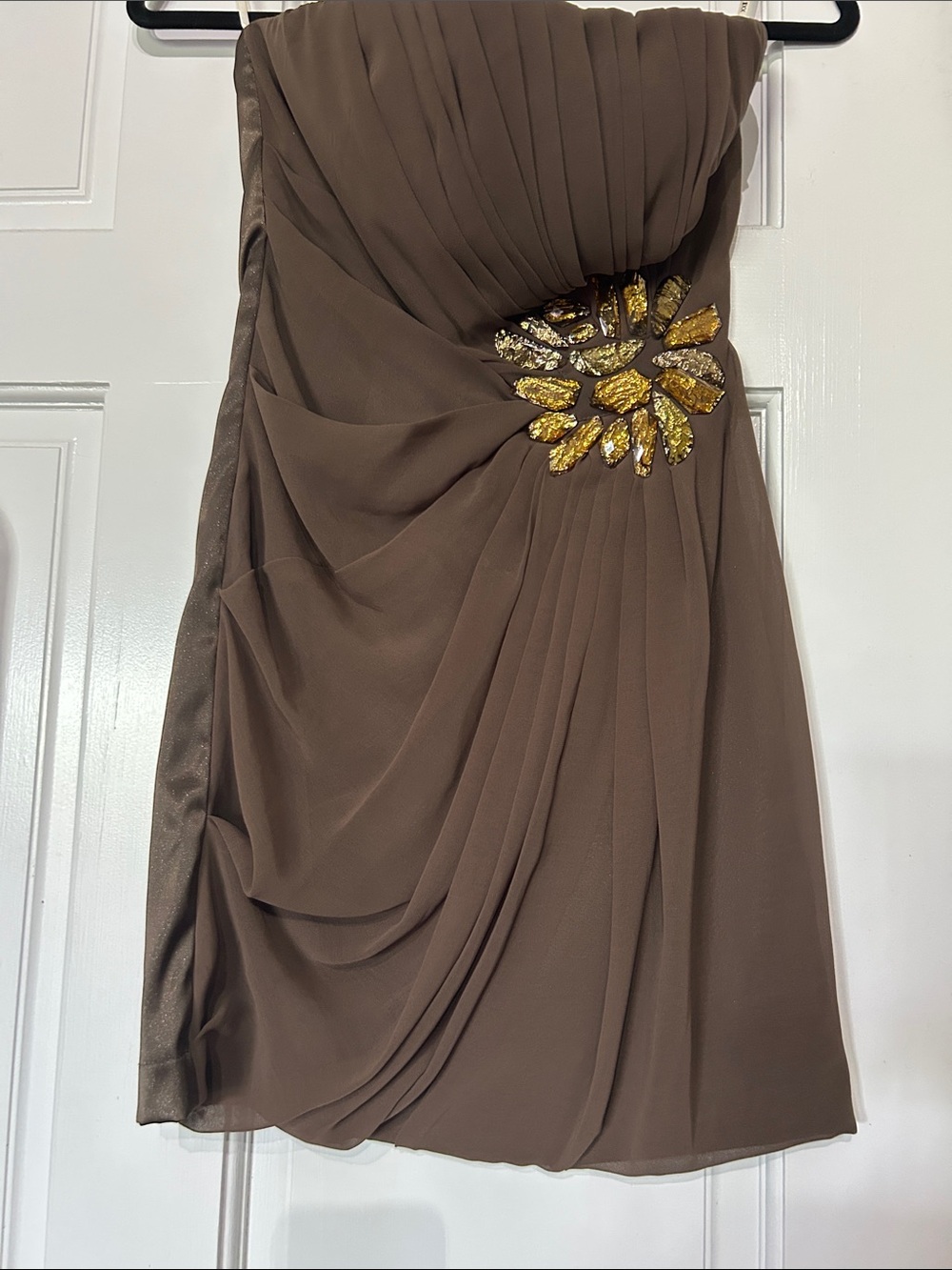 Elegant Strapless Brown Cocktail Dress with Gold Embellishment